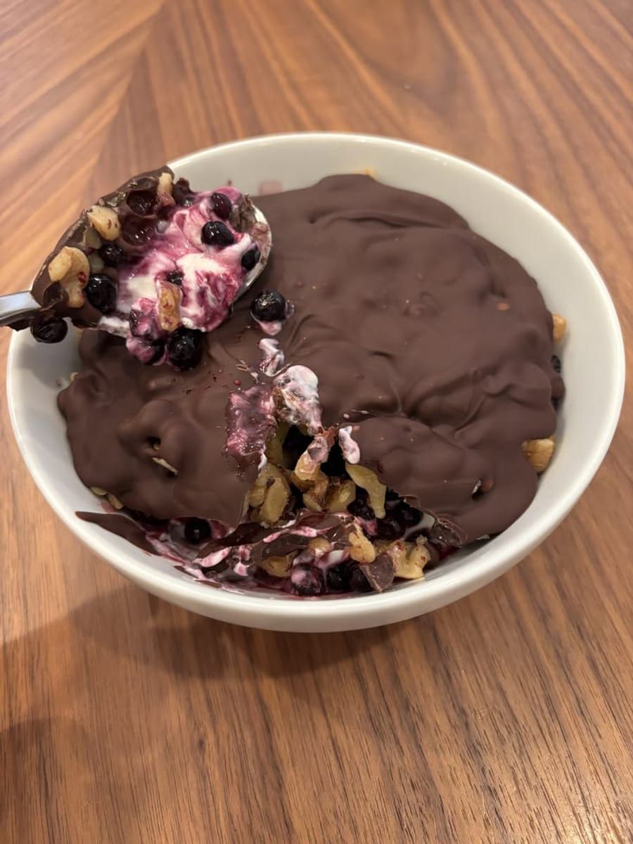 Chocolate Shell Yogurt Bowl with Blueberries and Walnuts, a recipe from Bloomplate 500